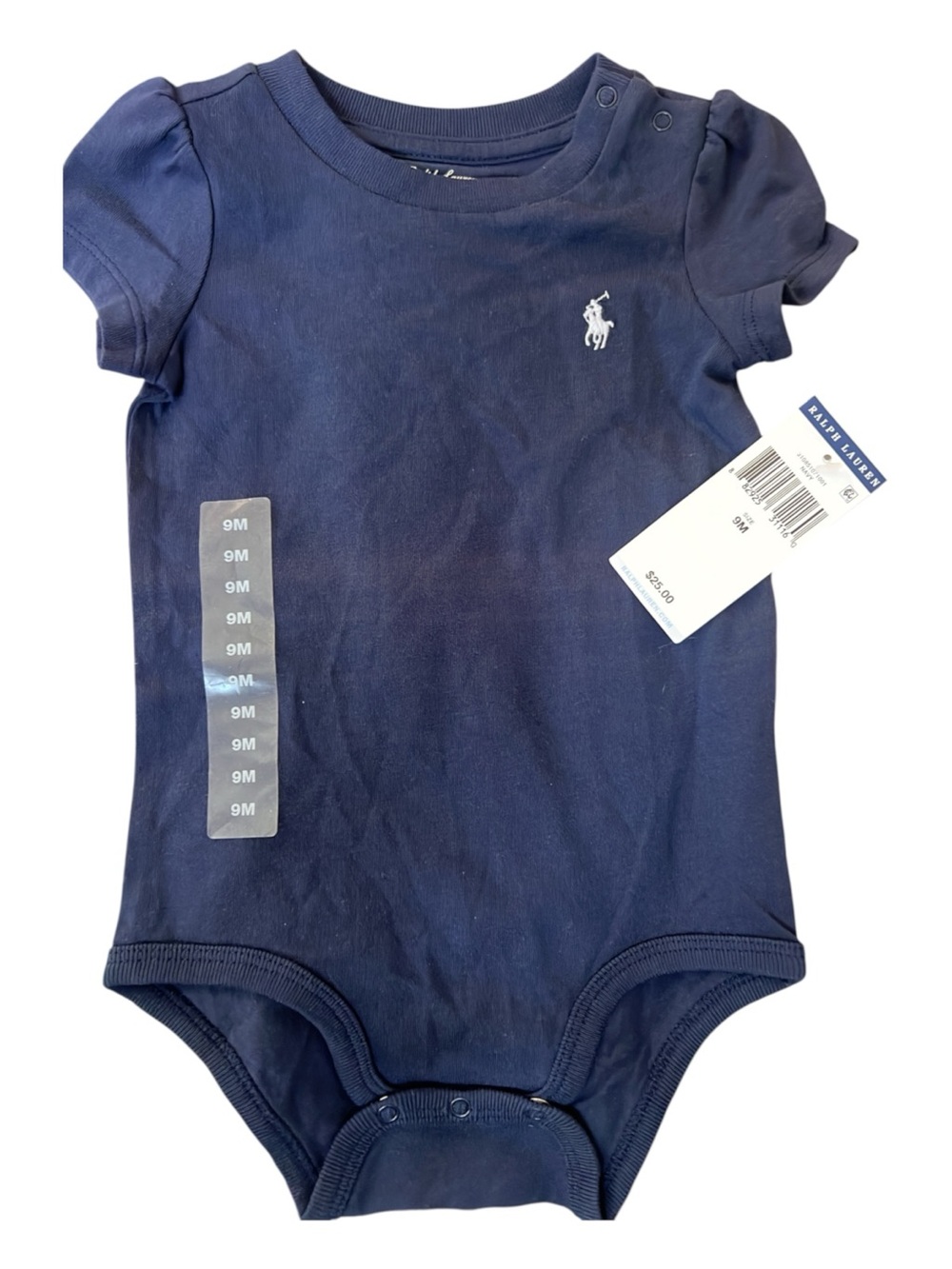 Ralph Lauren Navy Blue Puff Sleeve Baby One-Piece Bodysuit